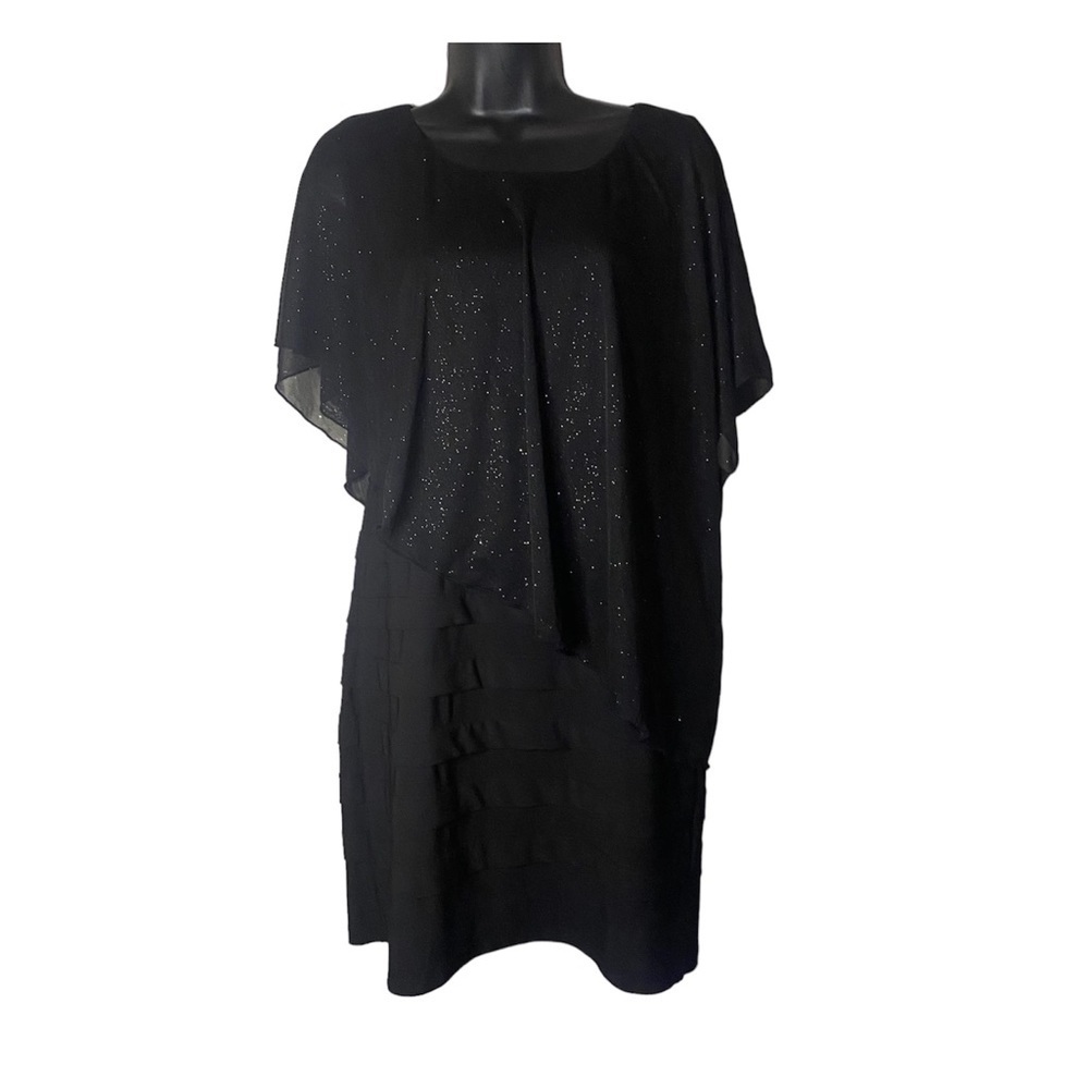 LUX II Petite Black Over Shoulders Sparkly Mesh Black Ruffled Bodycon Mini dress